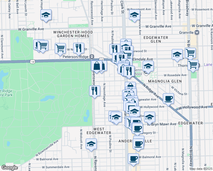 map of restaurants, bars, coffee shops, grocery stores, and more near 5844 North Hermitage Avenue in Chicago