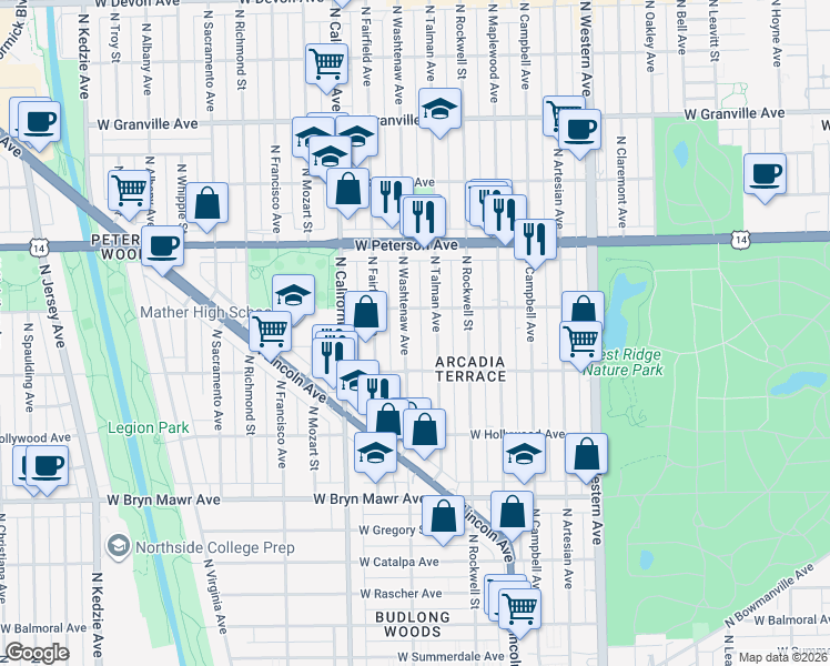map of restaurants, bars, coffee shops, grocery stores, and more near 5840 North Talman Avenue in Chicago