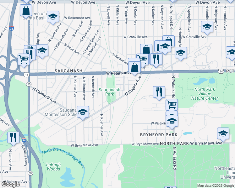 map of restaurants, bars, coffee shops, grocery stores, and more near 4265 West Highbridge Lane in Chicago