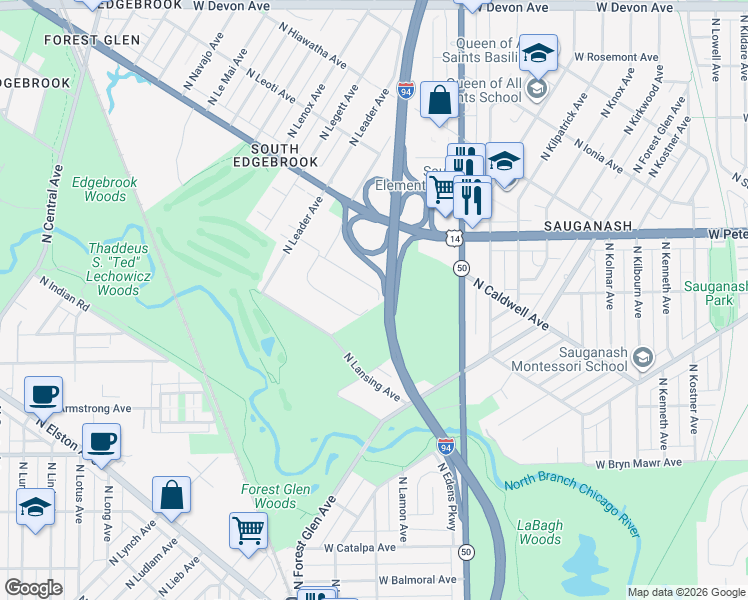 map of restaurants, bars, coffee shops, grocery stores, and more near 5819 North Louise Avenue in Chicago