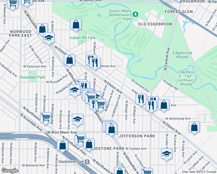 map of restaurants, bars, coffee shops, grocery stores, and more near 5865 North Elston Avenue in Chicago