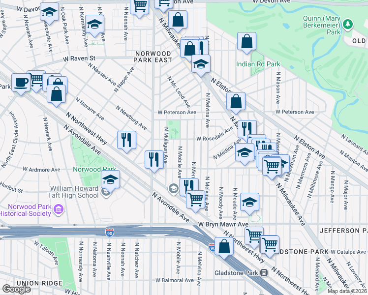 map of restaurants, bars, coffee shops, grocery stores, and more near 5850 North Merrimac Avenue in Chicago