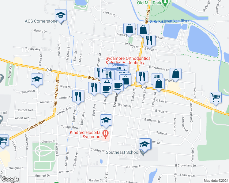map of restaurants, bars, coffee shops, grocery stores, and more near in Sycamore