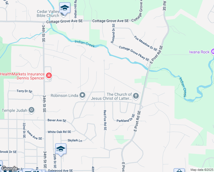 map of restaurants, bars, coffee shops, grocery stores, and more near 300 Red Fox Road Southeast in Cedar Rapids