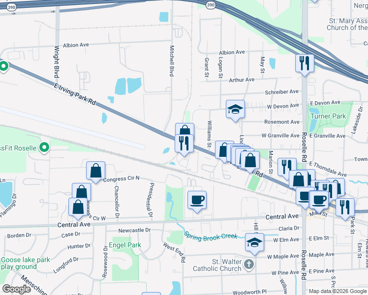 map of restaurants, bars, coffee shops, grocery stores, and more near 425 West Irving Park Road in Roselle
