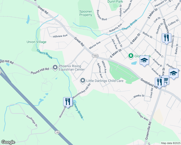 map of restaurants, bars, coffee shops, grocery stores, and more near 79 Woonsocket Hill Rd in North Smithfield