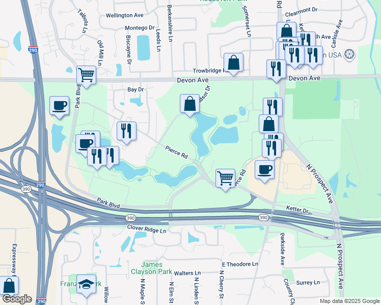 map of restaurants, bars, coffee shops, grocery stores, and more near 333 Pierce Road in Itasca