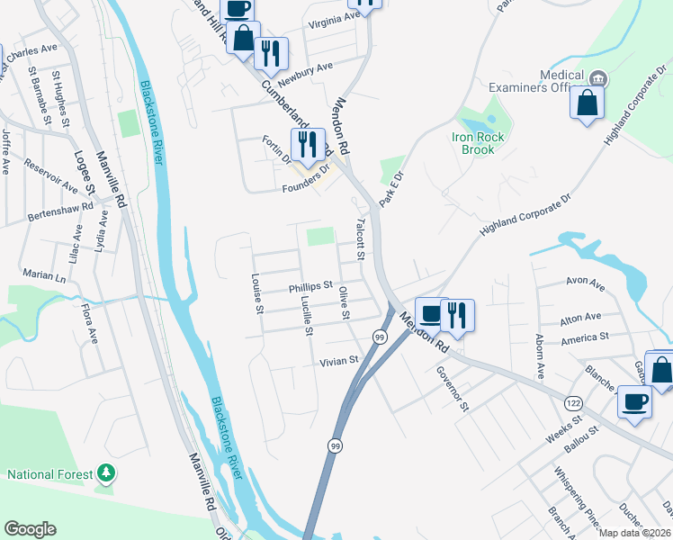 map of restaurants, bars, coffee shops, grocery stores, and more near 109 Olive Street in Woonsocket