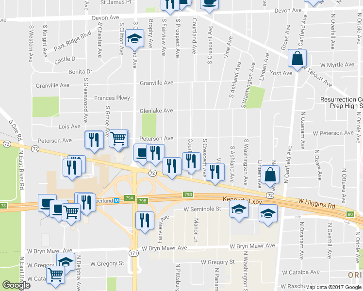 map of restaurants, bars, coffee shops, grocery stores, and more near 1811 South Prospect Avenue in Park Ridge