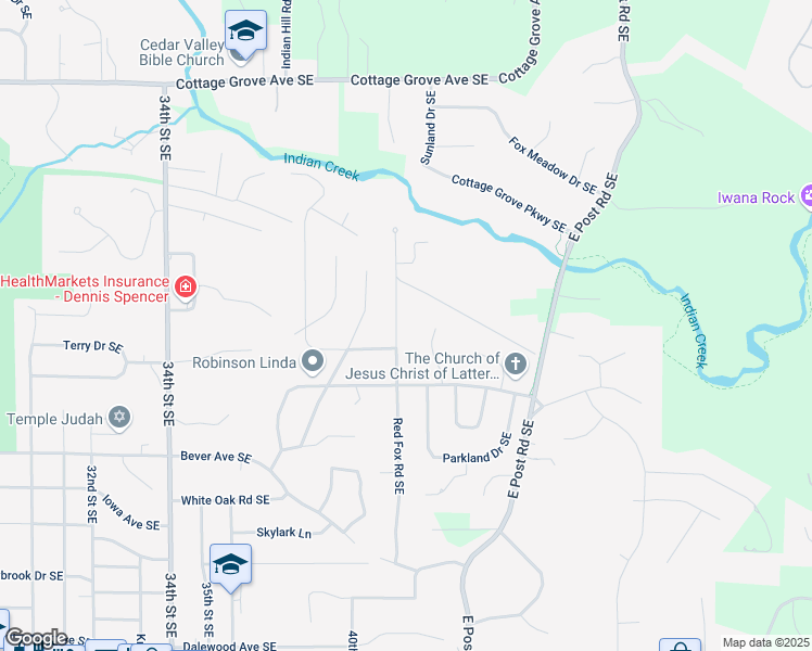 map of restaurants, bars, coffee shops, grocery stores, and more near 300 Red Fox Road Southeast in Cedar Rapids