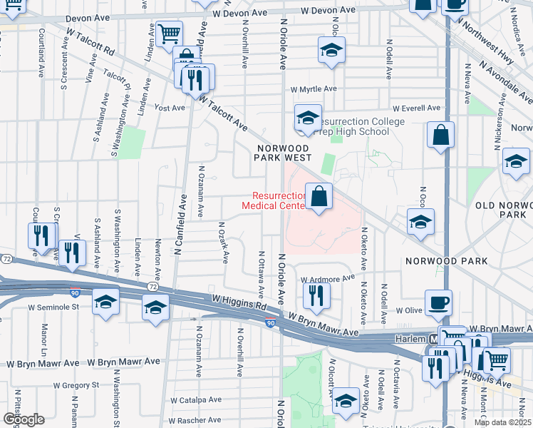 map of restaurants, bars, coffee shops, grocery stores, and more near 5931 North Ottawa Avenue in Chicago