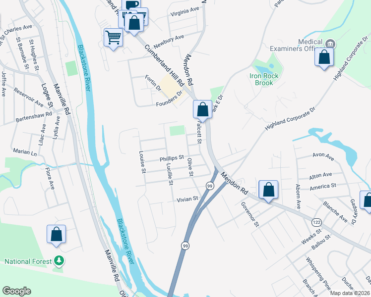 map of restaurants, bars, coffee shops, grocery stores, and more near 109 Olive Street in Woonsocket