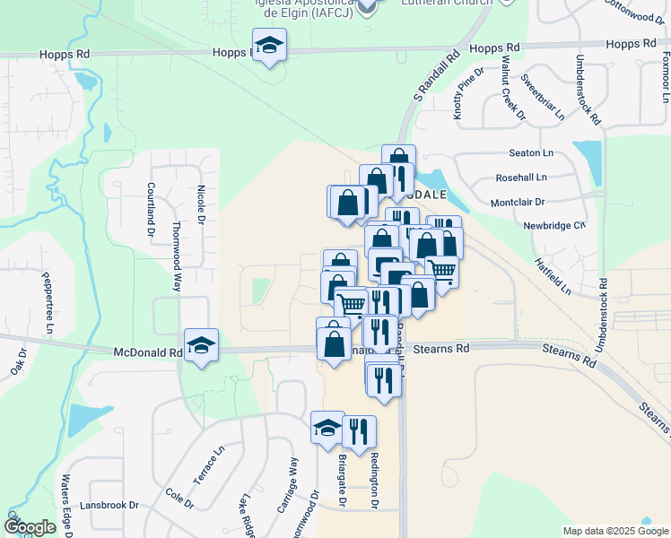map of restaurants, bars, coffee shops, grocery stores, and more near 350 Randall Road in South Elgin