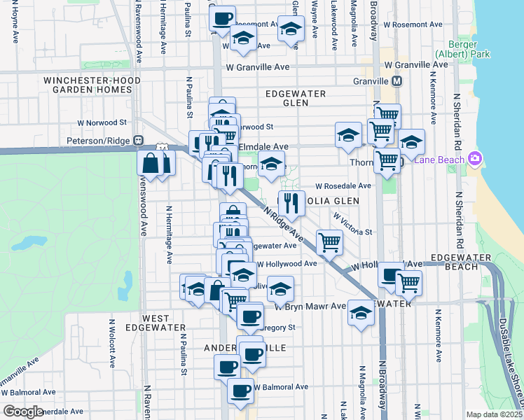 map of restaurants, bars, coffee shops, grocery stores, and more near 5840 North Ridge Avenue in Chicago