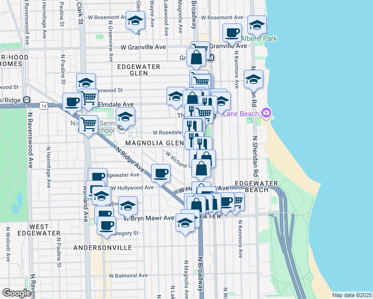 map of restaurants, bars, coffee shops, grocery stores, and more near 5833 North Magnolia Avenue in Chicago