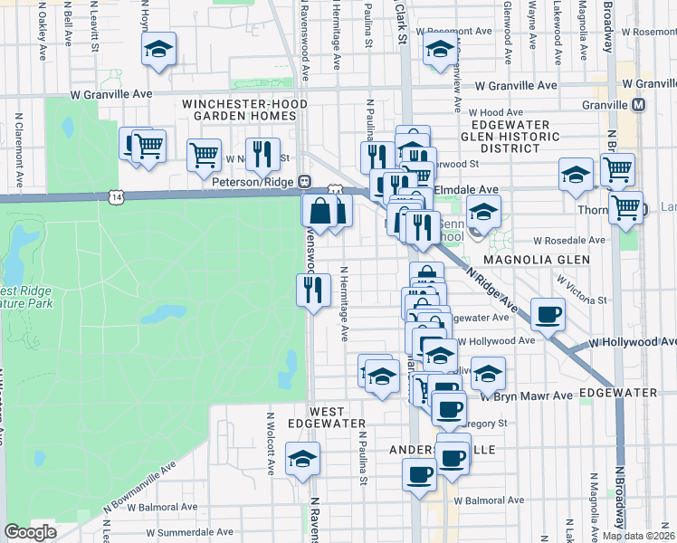 map of restaurants, bars, coffee shops, grocery stores, and more near 5844 North Hermitage Avenue in Chicago