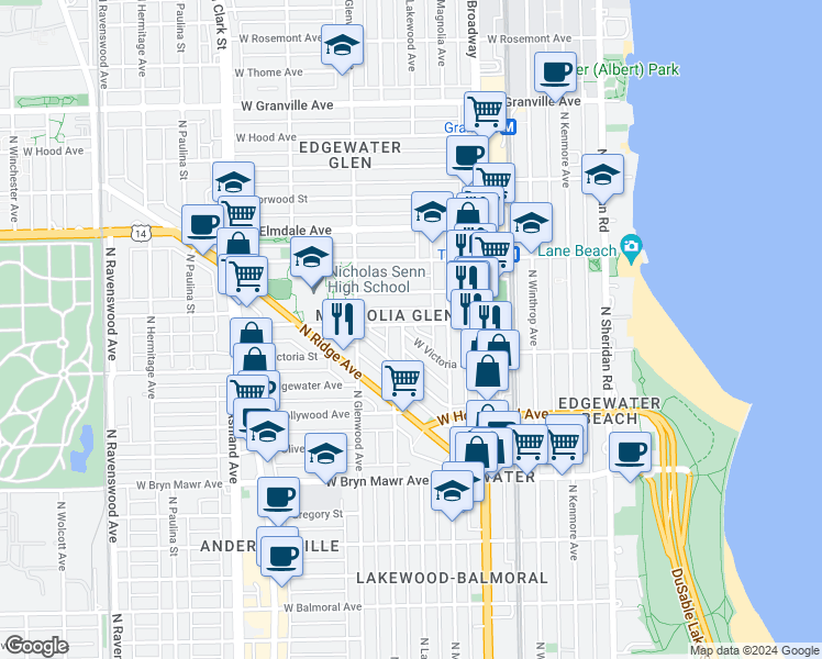 map of restaurants, bars, coffee shops, grocery stores, and more near 1286 West Victoria Street in Chicago