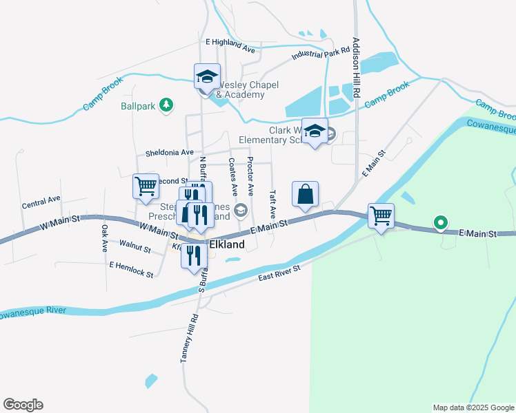 map of restaurants, bars, coffee shops, grocery stores, and more near 108 Proctor Ave in Elkland
