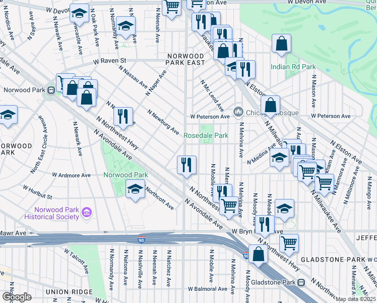 map of restaurants, bars, coffee shops, grocery stores, and more near 5867 North Nagle Avenue in Chicago