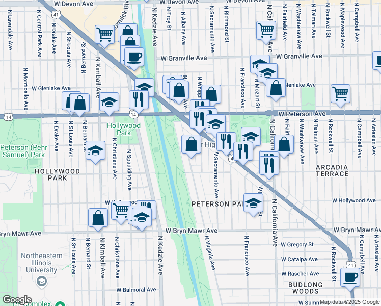 map of restaurants, bars, coffee shops, grocery stores, and more near 5843 North Virginia Avenue in Chicago