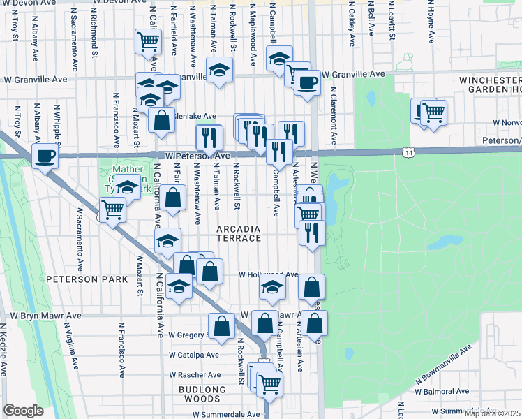 map of restaurants, bars, coffee shops, grocery stores, and more near 5841 North Maplewood Avenue in Chicago