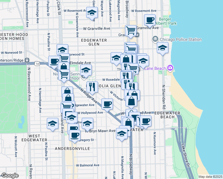 map of restaurants, bars, coffee shops, grocery stores, and more near 1267 West Ardmore Avenue in Chicago