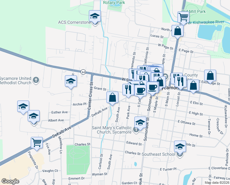 map of restaurants, bars, coffee shops, grocery stores, and more near 344 Grant Street in Sycamore