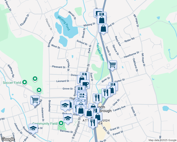 map of restaurants, bars, coffee shops, grocery stores, and more near 207 North Washington Street in North Attleborough
