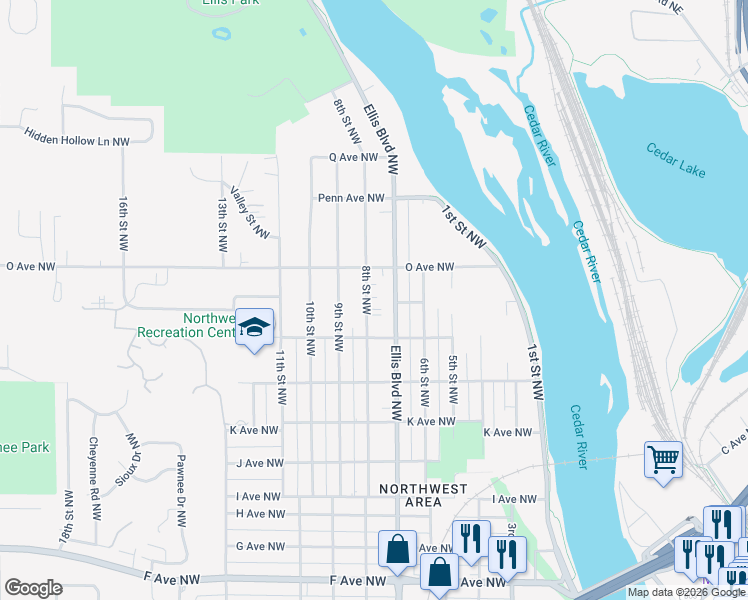 map of restaurants, bars, coffee shops, grocery stores, and more near 1501 8th Street Northwest in Cedar Rapids