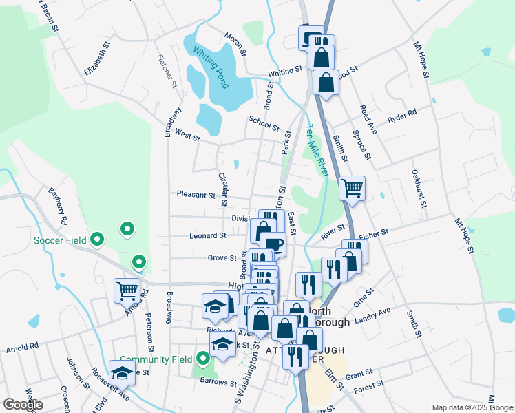 map of restaurants, bars, coffee shops, grocery stores, and more near 2 Dean Court in North Attleborough