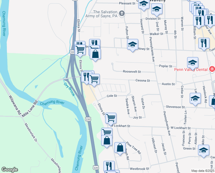 map of restaurants, bars, coffee shops, grocery stores, and more near 38 Cranberry Lane in Sayre