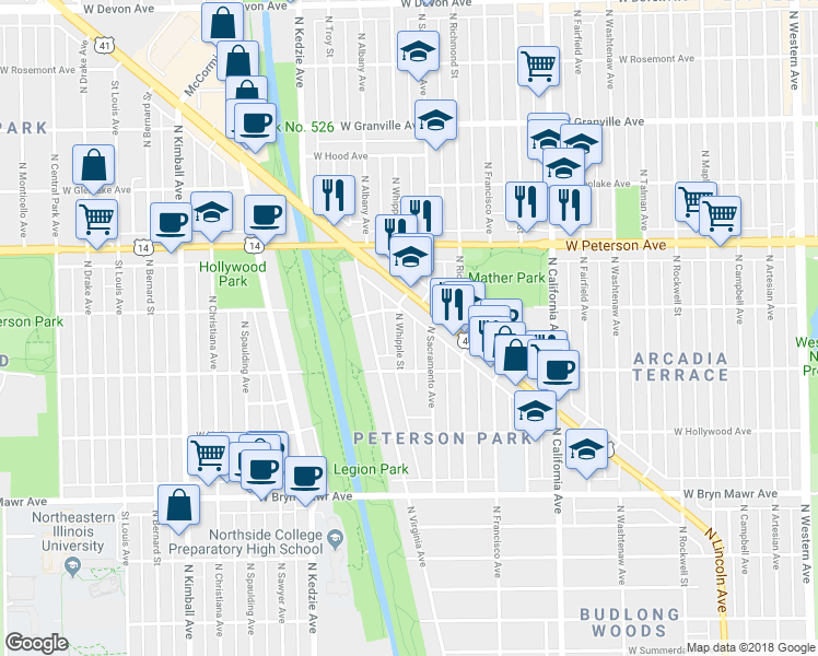 map of restaurants, bars, coffee shops, grocery stores, and more near 5843 North Whipple Street in Chicago