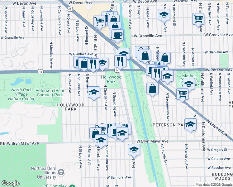 map of restaurants, bars, coffee shops, grocery stores, and more near 5843 North Spaulding Avenue in Chicago