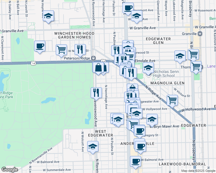 map of restaurants, bars, coffee shops, grocery stores, and more near 1725 West Thorndale Avenue in Chicago