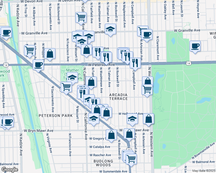 map of restaurants, bars, coffee shops, grocery stores, and more near 5840 North Talman Avenue in Chicago