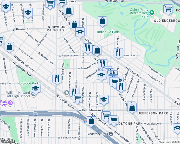 map of restaurants, bars, coffee shops, grocery stores, and more near 5842 North Medina Avenue in Chicago
