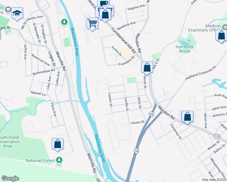 map of restaurants, bars, coffee shops, grocery stores, and more near 243 Fisher St in Woonsocket