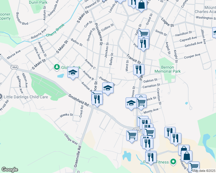 map of restaurants, bars, coffee shops, grocery stores, and more near 29 Berkley Street in Woonsocket