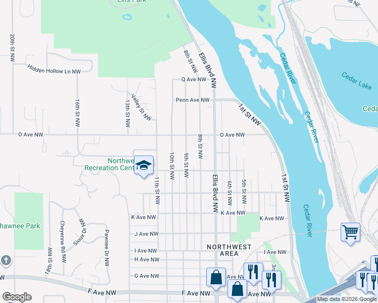 map of restaurants, bars, coffee shops, grocery stores, and more near 1501 9th Street Northwest in Cedar Rapids