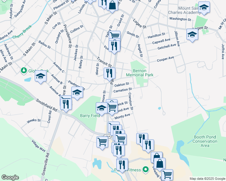 map of restaurants, bars, coffee shops, grocery stores, and more near 1119 Park Avenue in Woonsocket