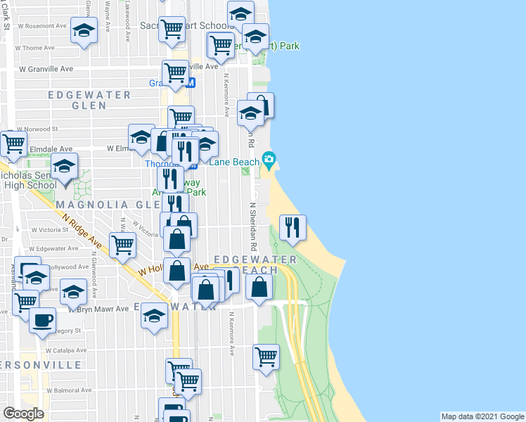 map of restaurants, bars, coffee shops, grocery stores, and more near 5818 North Sheridan Road in Chicago