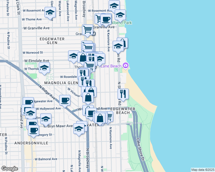 map of restaurants, bars, coffee shops, grocery stores, and more near 5822 North Kenmore Avenue in Chicago