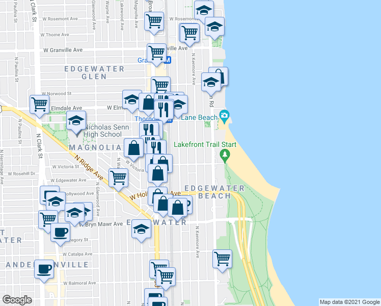 map of restaurants, bars, coffee shops, grocery stores, and more near 5822 North Kenmore Avenue in Chicago