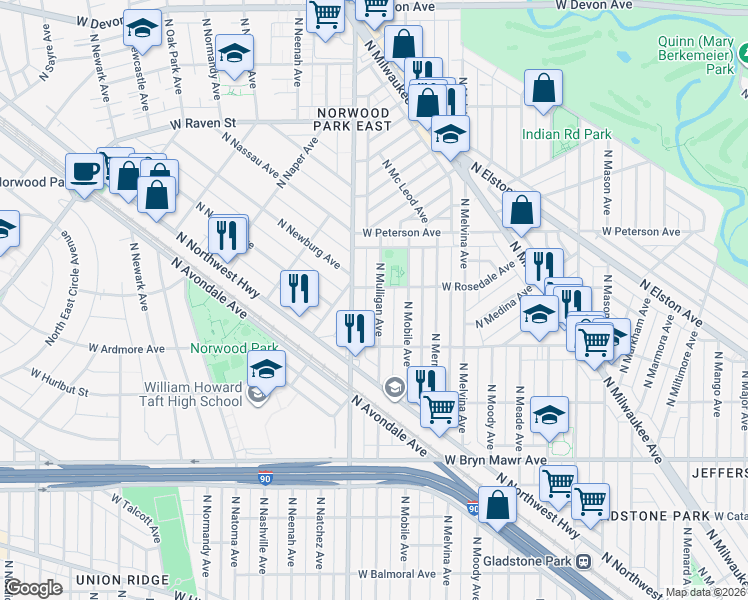 map of restaurants, bars, coffee shops, grocery stores, and more near 5851 North Mulligan Avenue in Chicago