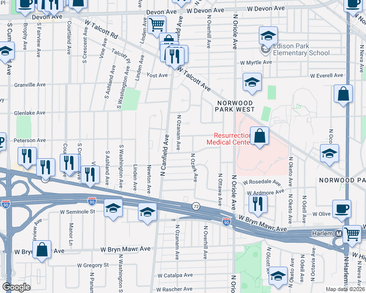 map of restaurants, bars, coffee shops, grocery stores, and more near 5936 North Ozanam Avenue in Chicago