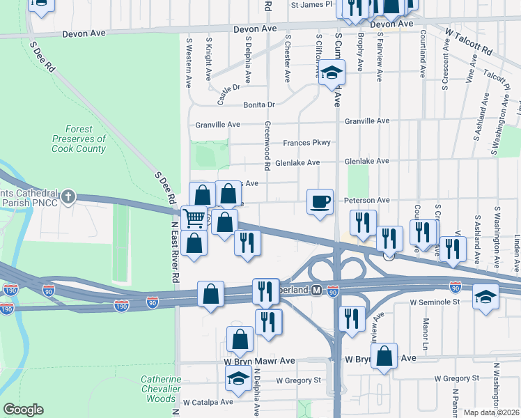 map of restaurants, bars, coffee shops, grocery stores, and more near 1205 Peterson Avenue in Park Ridge