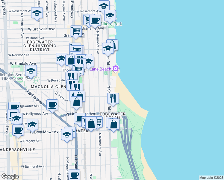 map of restaurants, bars, coffee shops, grocery stores, and more near 5815 North Sheridan Road in Chicago