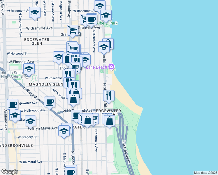 map of restaurants, bars, coffee shops, grocery stores, and more near 5815 North Sheridan Road in Chicago