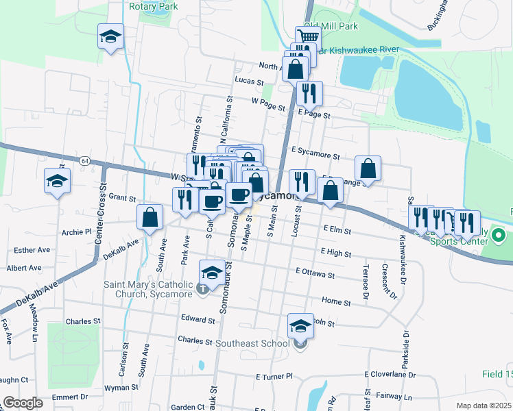 map of restaurants, bars, coffee shops, grocery stores, and more near 120 South Maple Street in Sycamore