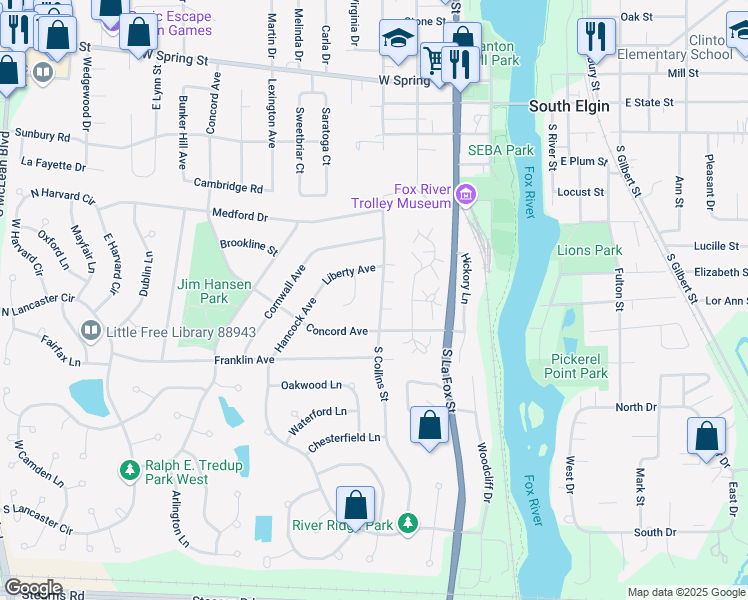 map of restaurants, bars, coffee shops, grocery stores, and more near 326 South Collins Street in South Elgin